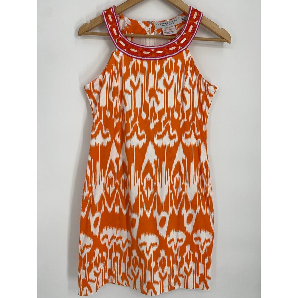 Gretchen Scott Dress Women’s Medium Ikat Yoke Sleeveless Orange Shift Resortwear